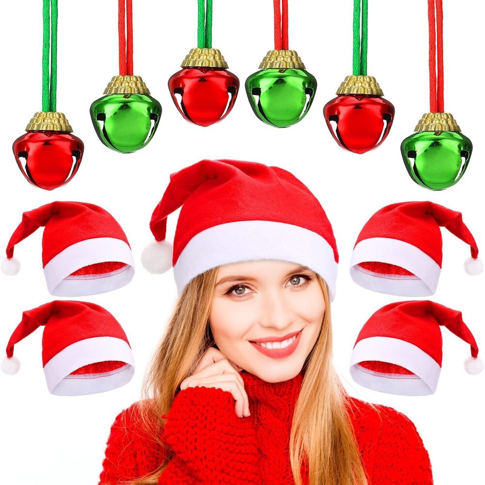 4530 24 Pcs Santa Hat with 24 Pcs Christmas Bell Necklaces Xmas Hat